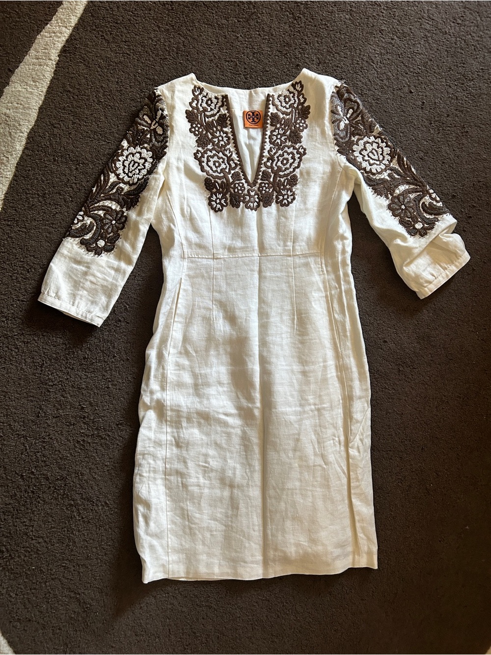 Tory Burch White Linen Dress with Brown Floral Embroidery